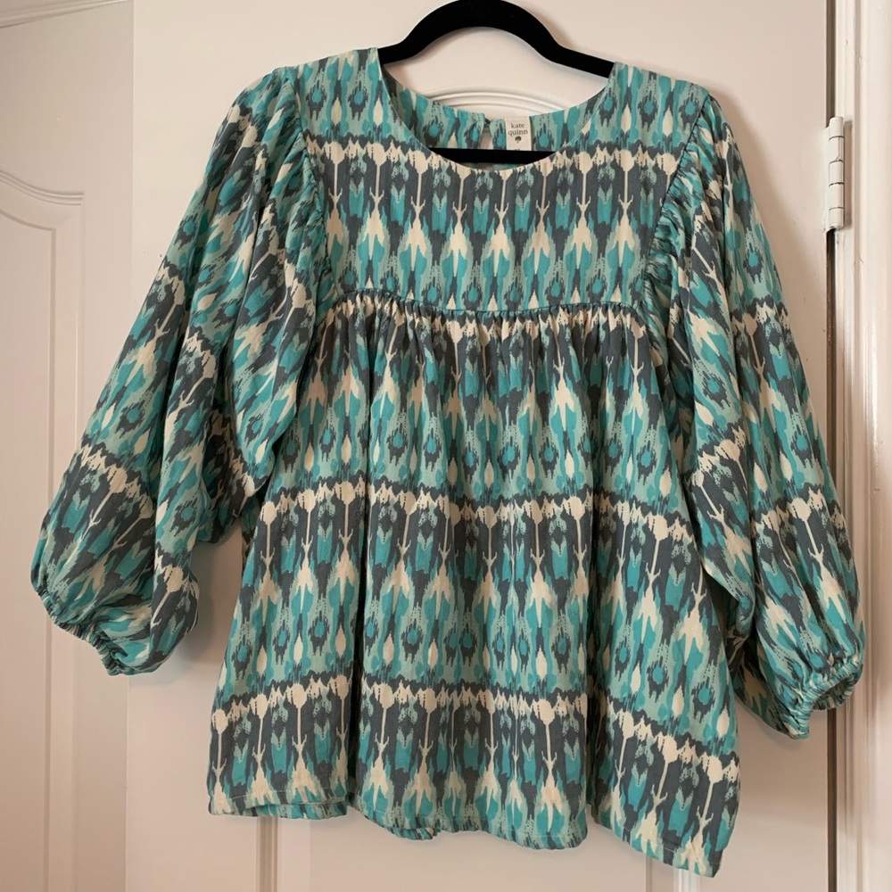 Kate Quinn XL teal ikat cotton gauze top with statement sleeve